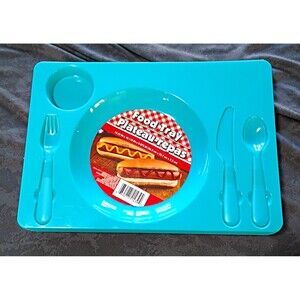 6 Pack Reusable Teal Plastic Food Trays w/ Built-In Plate Area & Cutlery